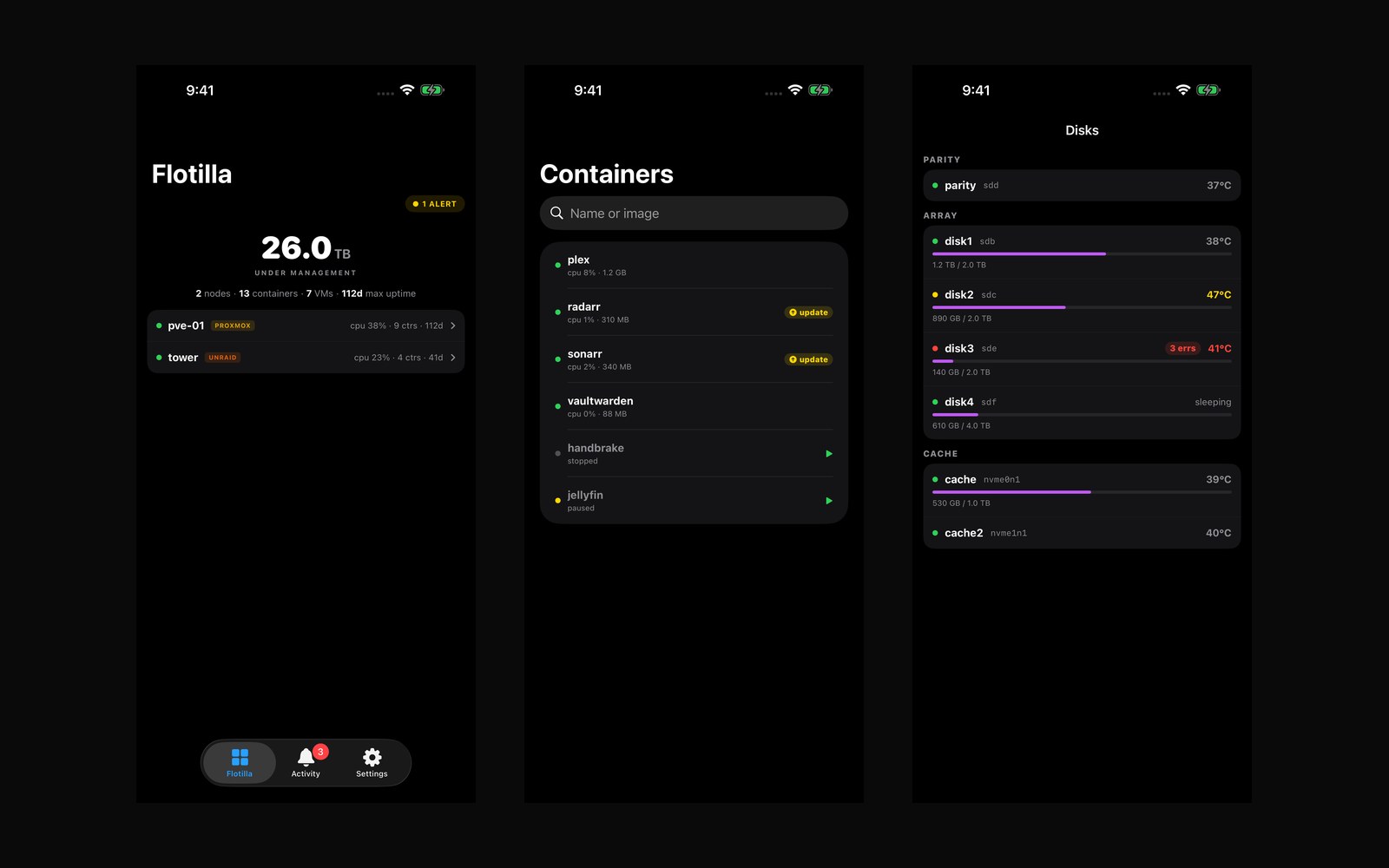 Flotilla on iPhone — fleet dashboard, container list and disk health
