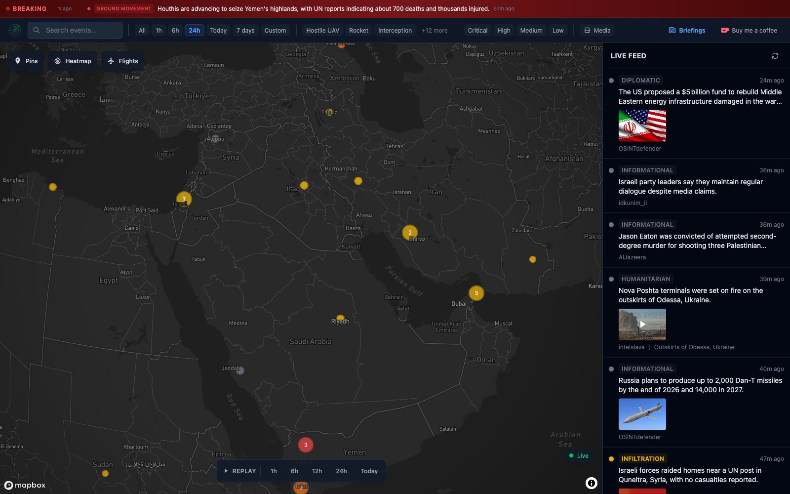 MidEast Pulse — live conflict map with a real-time event feed