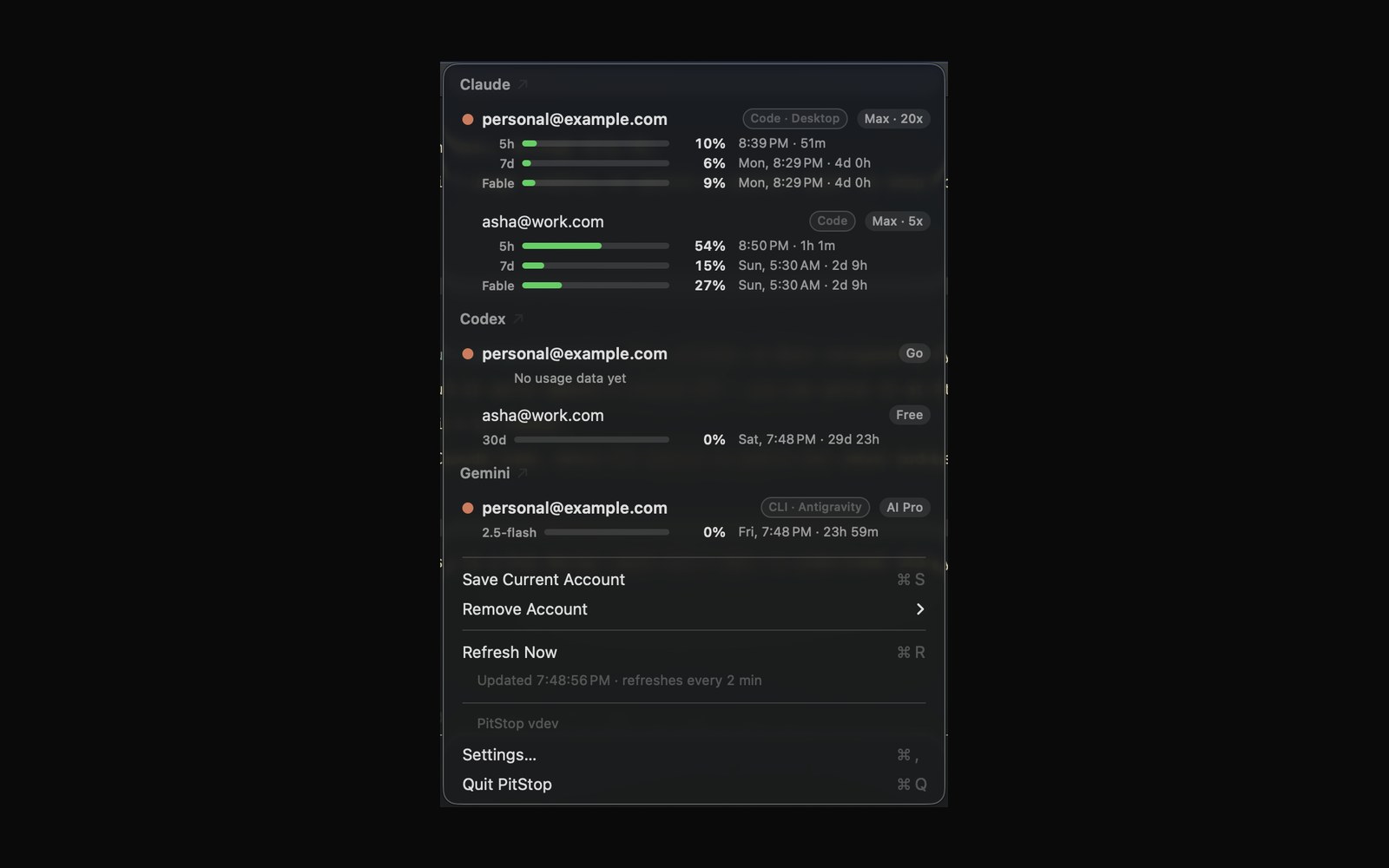 PitStop — macOS menu bar panel showing AI usage limits