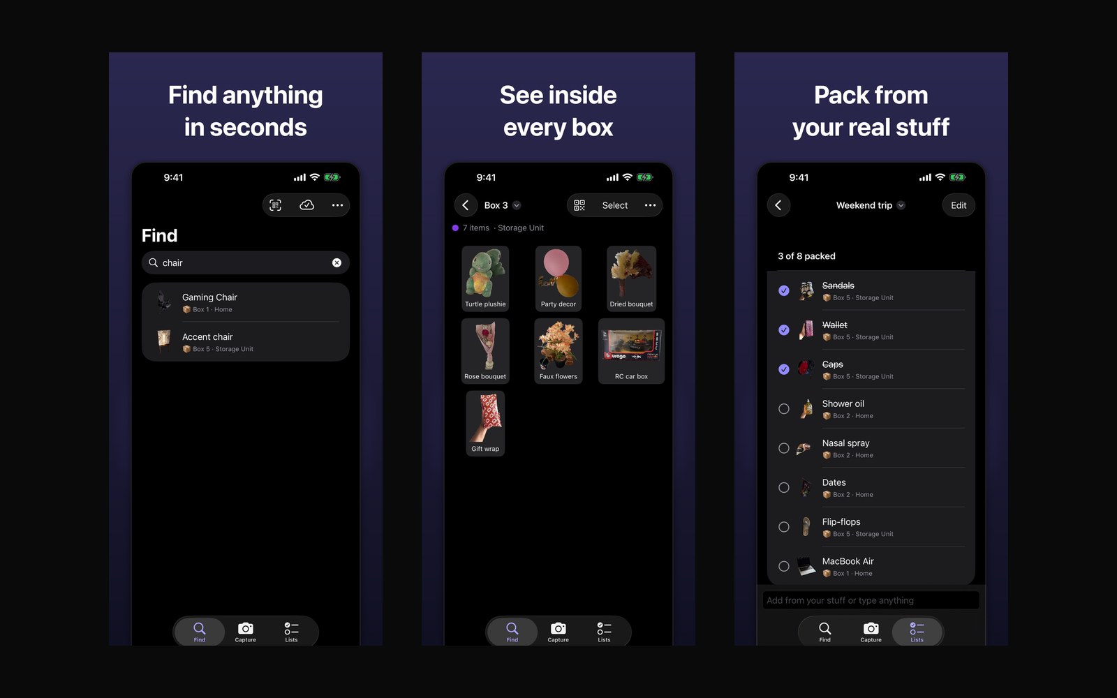 Stowed on iPhone — search, camera cut-out and inventory list